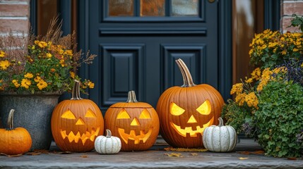 Obraz premium Decorative carved pumpkins displayed at a warm and inviting home entrance during Halloween festivities