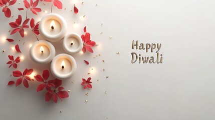 Festive Diwali scene with diyas, red flowers, and bold Happy Diwali text