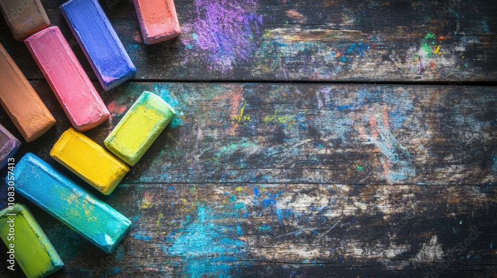 Aufkleber Colorful pastel chalks for art and sketching arranged in a flat lay on a wooden table with ample copy space
