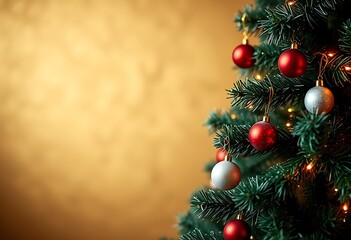 Obraz premium subtle wallpaper wall close up christmas tree with decorations on a gold background with lights and a banner template.