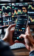 Close-up of hands using a cell phone investing in cryptocurrencies. Digital economy image