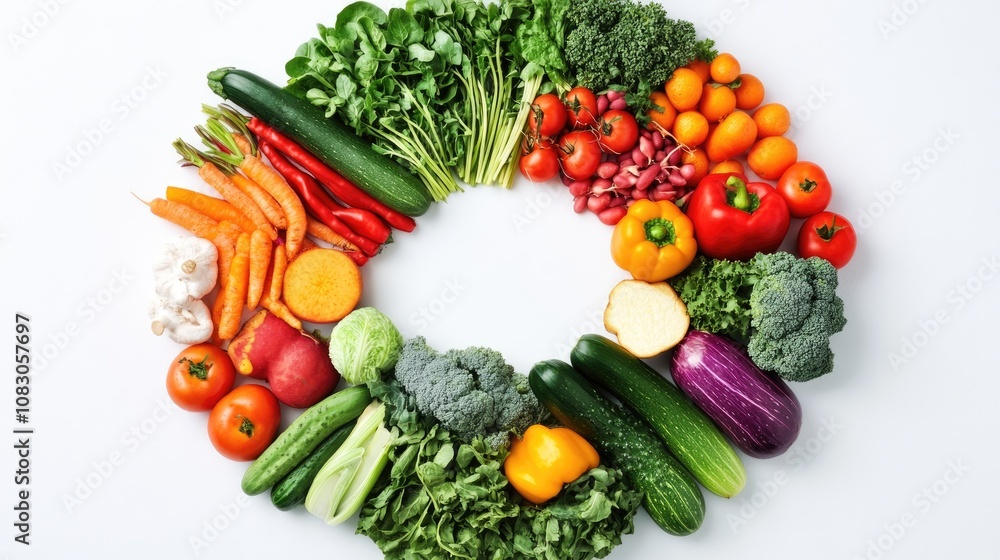Poster assorted vegetables and nutritious foods arranged in a circular pattern against a white backdrop