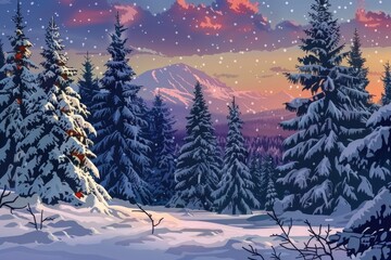 Winter landscape with snow-covered trees and a mountain in the background, ideal for use in travel or outdoor-themed projects