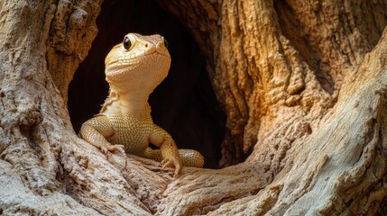 A green lizard resting on a tree branch, surrounded by leaves and branches