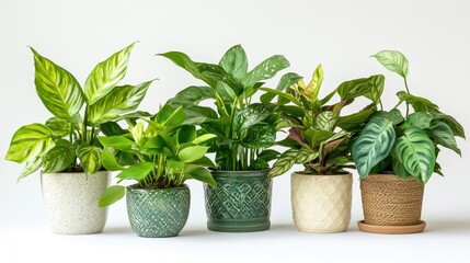 Obraz premium Assortment of tropical houseplants including Satin Pothos Philodendron and Calathea displayed in decorative natural flower pots against a white backdrop