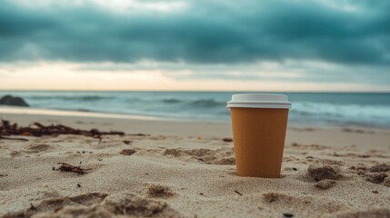 Brown coffee cup on sandy beach beneath a cloudy sky and ocean