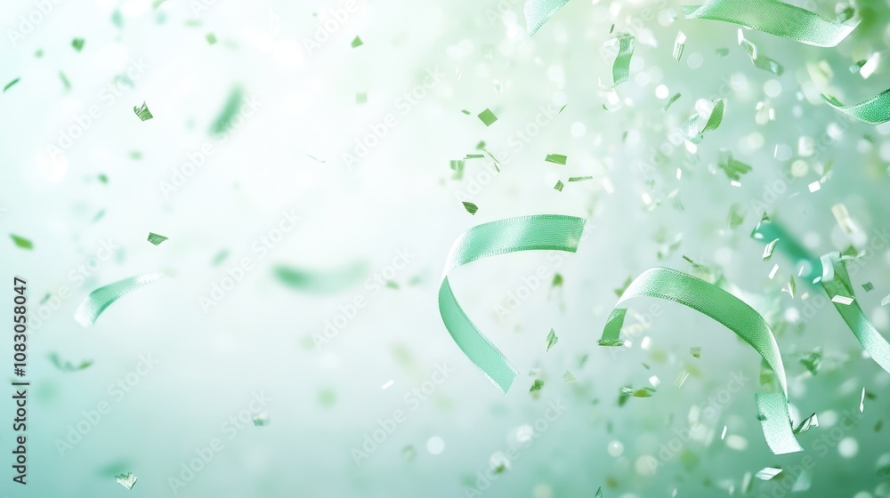 Poster abstract background featuring confetti scattered over soft green ribbons set against a light bokeh b