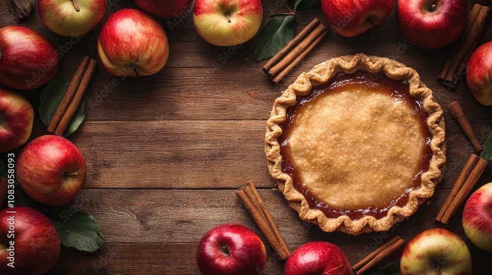 Poster apples and cinnamon sticks are arranged around a pie crust creating a food themed backdrop with ampl