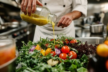 A chef prepares a colorful salad in a bright kitchen by pouring dressing over fresh greens and vibrant vegetables