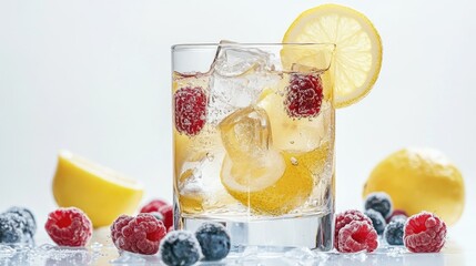 Cocktail featuring lemon slices berries and ice cubes in a glass against a white background