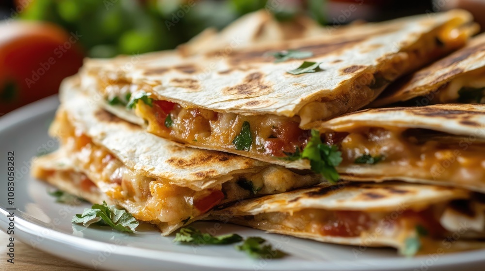 Poster close up of a plate filled with a stack of scrumptious quesadilla slices