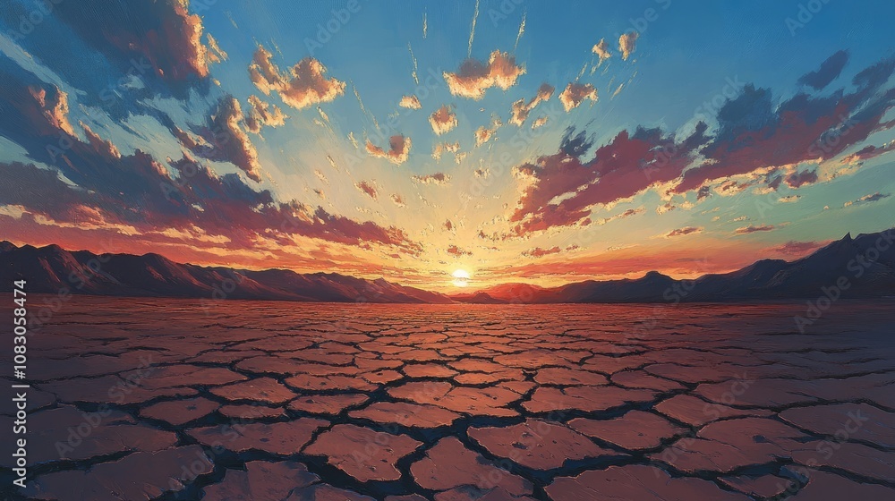 Poster cracked ground extends beneath a vivid sunset creating elongated shadows and emphasizing the parched