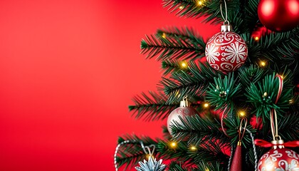 subtle wallpaper wall close up christmas tree with decorations on a red background with lights and a banner template.
