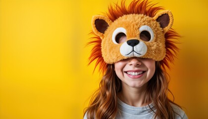 Fototapeta premium Smiling teen girl wears fluffy lion half mask. Happy, playful, against yellow background. Image vibrant, cheerful portrait, perfect for promoting fun, youthfulness. Ideal for use in social media,
