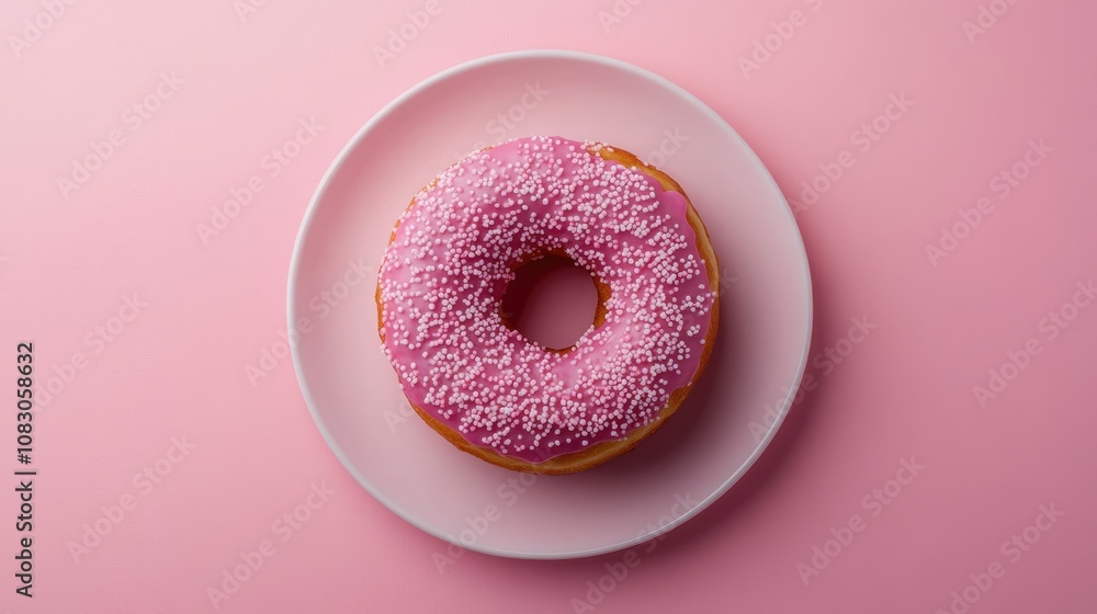 Poster A top view of a doughnut placed on a plate set against a solid color background Horizontal composition