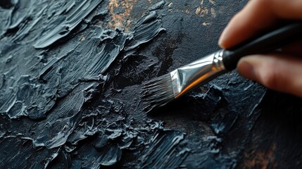Obraz premium Artist applies black paint to a metal surface using a brush captured in a close up view