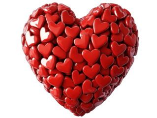 Red heart made from small hearts. Shiny 3D shape, perfect for Valentine Day, love, romance, anniversary, wedding, birthday, holiday, celebration, gift, design. Isolated, cut-out, transparent Cut out.