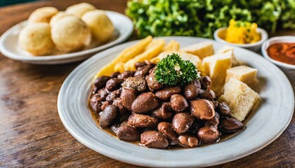 Fototapeta premium Brazilian Culinary Traditions Showcased Through Famous Dishes Like Feijoada, Churrasco, and Pão de Queijo, Served at Authentic Local Markets and Restaurants, Reflecting Brazil’s Rich Food Culture