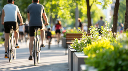 Obraz premium People Biking and Walking on Tree Lined Pedestrian Avenue