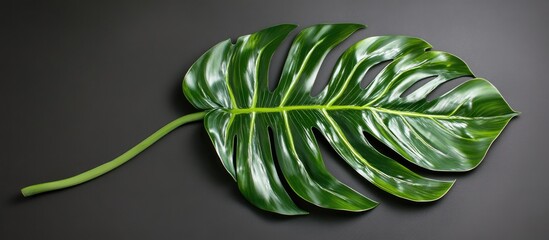 Obraz premium Modern monstera leaf featuring vibrant green tones against a sleek grey backdrop ideal for contemporary interior design
