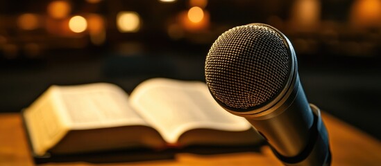Obraz premium Microphone positioned in a Christian podcast studio featuring a preacher with an open Bible ideal for recording insightful discussions audio production religious content