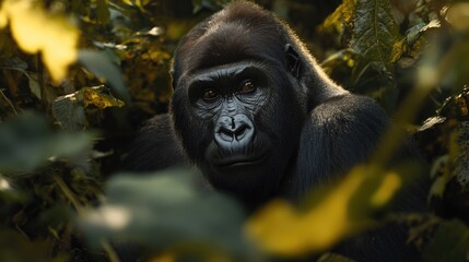 Obraz premium A stunning portrait of an endangered silverback mountain gorilla in its natural habitat