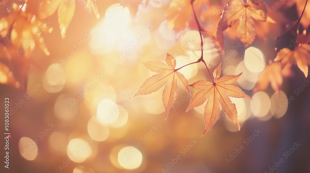 Poster close up of maple leaves illuminated by sunlight featuring bokeh effects creating a serene autumn fo