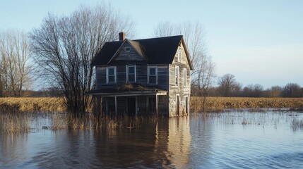 Obraz premium A house surrounded by water during a significant flooding disaster in a rural countryside area