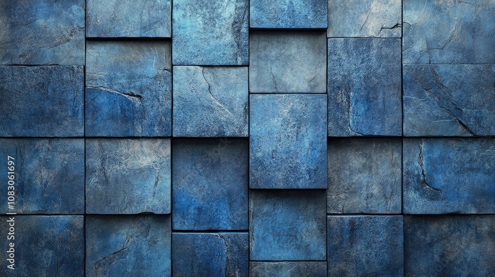 Aufkleber blue stone concrete tiles texture in a rectangular geometric pattern for a panoramic background