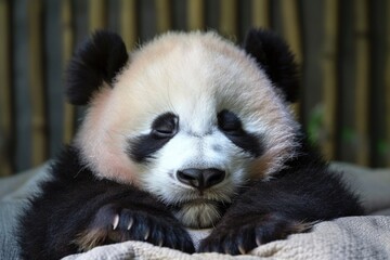 Fototapeta premium Close-up of a giant panda bear resting on a soft blanket, great for wildlife or pet-related themes