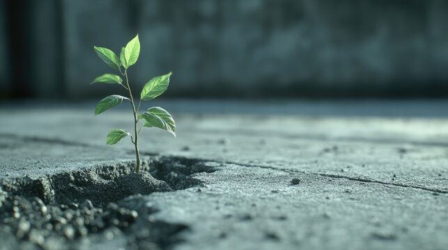 An in depth view of a plant emerging from concrete representing nature s resilience to survive and thrive in challenging urban environments