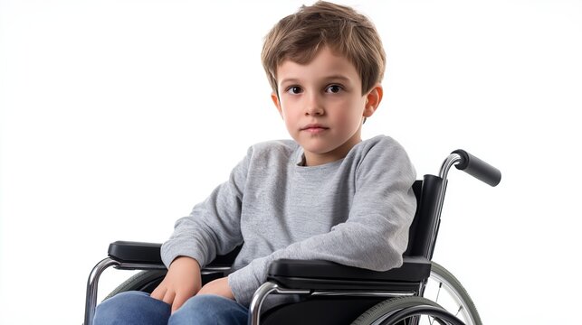Cute young boy in a wheelchair poses for a studio portrait, showcasing resilience after a spine injury on a white background