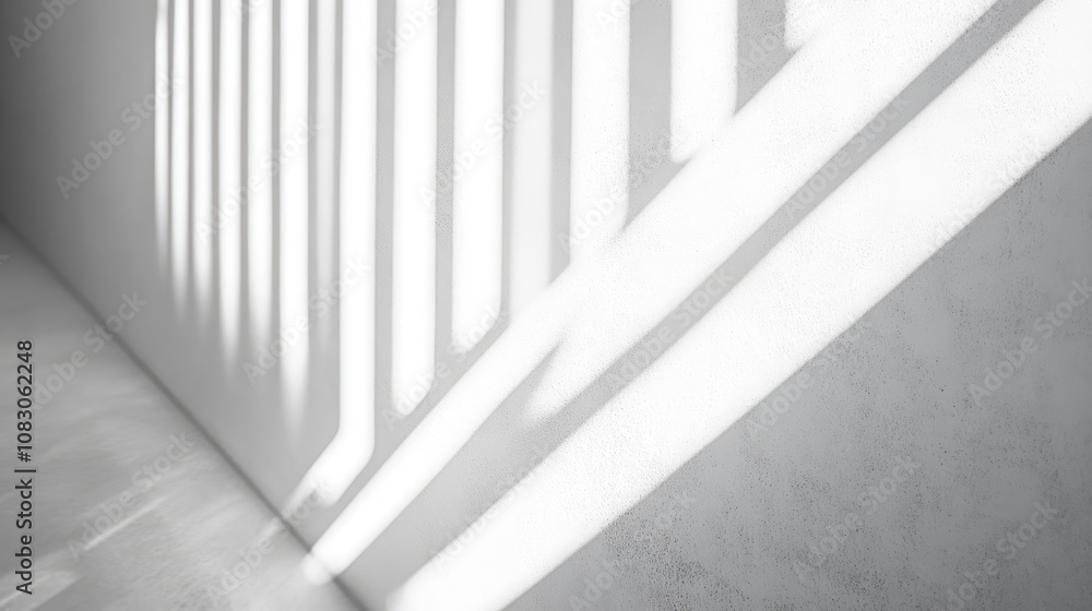 Poster diagonal shadows and light rays create a textured effect on a white wall providing a blurred overlay