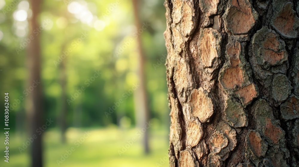 Poster close up of coniferous tree trunk bark showcasing intricate details with a blurred forest backdrop o