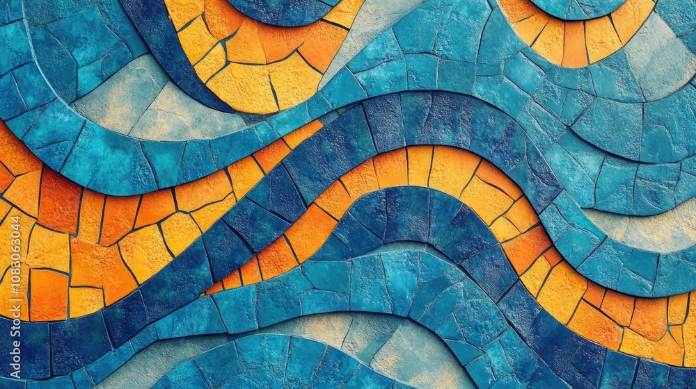 Poster abstract textured background featuring a blue and orange mosaic tile design with flowing wave like s