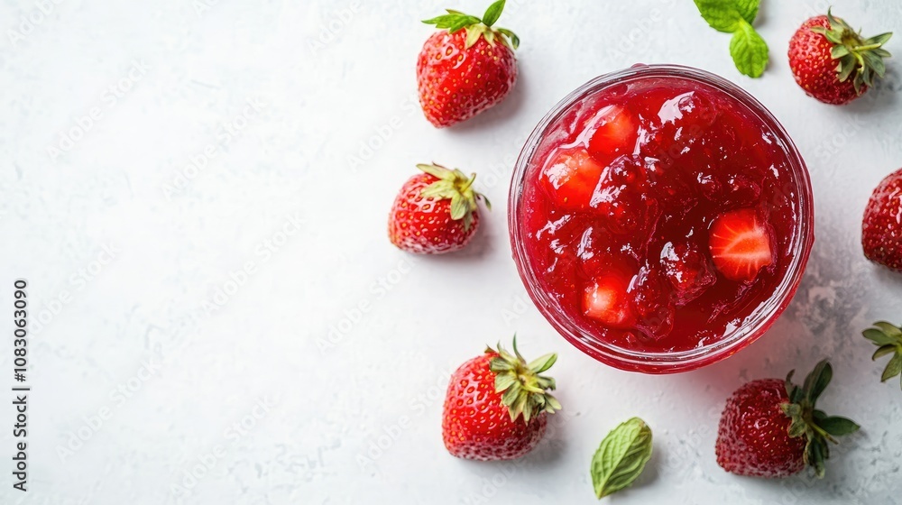 Poster aerial view of strawberry jelly on a white backdrop with ample space for text