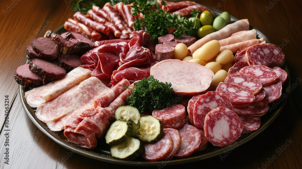 Aufkleber an assortment of various meats displayed on a plate showcasing a selection of processed meat product