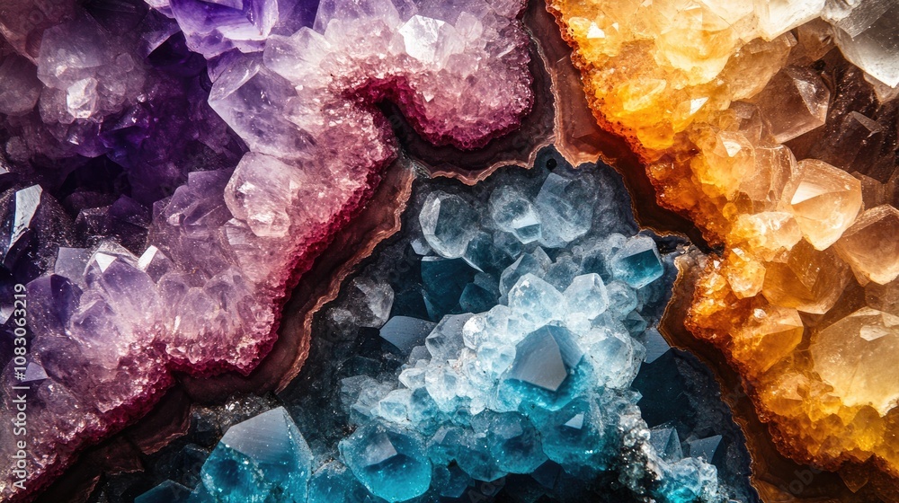 Poster close up view of vibrant abstract textures of various healing stone crystal quartz showcasing a rang