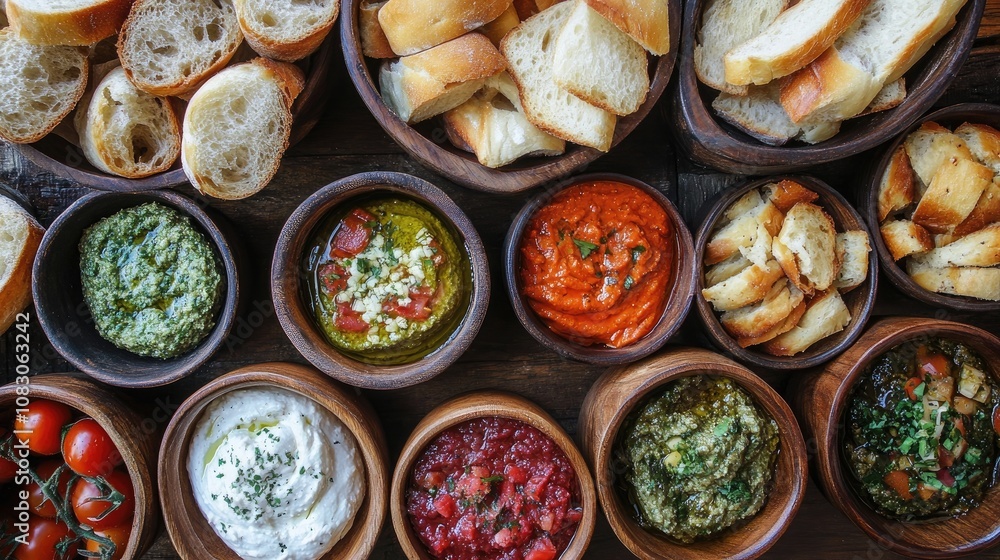 Poster a colorful variety of bread and dips is displayed in wooden bowls creating a cozy and inviting setti