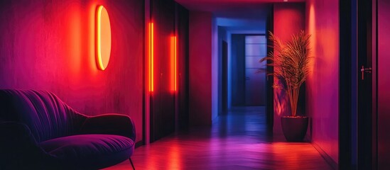 Naklejka premium Modern interior view of a stylish apartment corridor featuring sleek doors and contemporary decor ideal for real estate showcases
