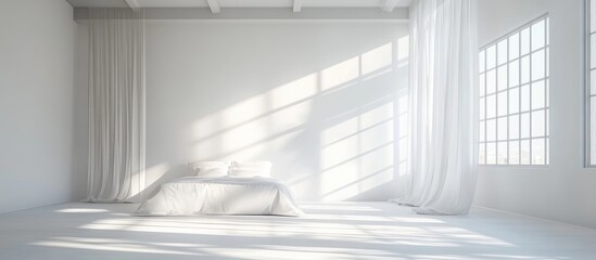 Fototapeta premium Minimalist stylish white bedroom interior showcasing a ceiling window and radiant sun rays perfect for modern design inspiration
