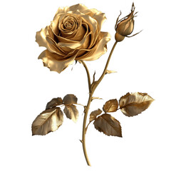 Golden rose with bud and leaves on isolated background. Elegant floral element for luxury design and decor. Gold color for wedding invitation, beauty and love themes. Art, romance and nature concept.