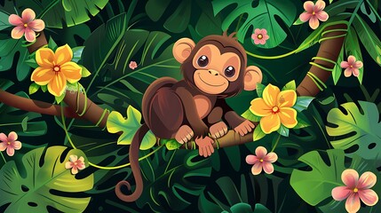 Naklejka premium A cheerful cartoon monkey sitting on a branch surrounded by vibrant tropical foliage and flowers.