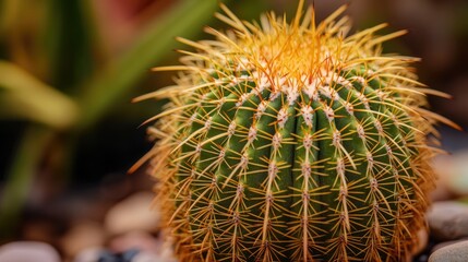 Close up of a golden barrel cactus Echinocactus grusonii in a garden setting highlighting its unique texture and form