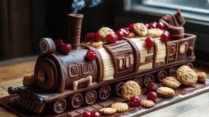 Train shaped cake adorned with cherries chocolate and biscuits