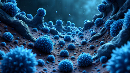 Fototapeta premium Intricate and Detailed Flat Microscopical Image of a Germ Layer in Deep Blue Shades