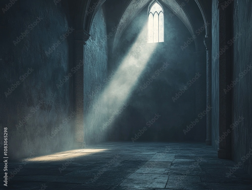 Poster fantasy dark scene with an empty interior illuminated by soft light and slate gray color palette ide