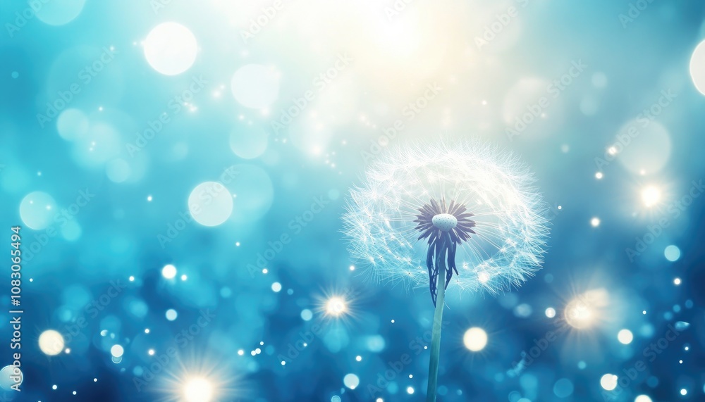 Poster light effect featuring lens flares and white glowing starburst sparkles on a blue background creatin