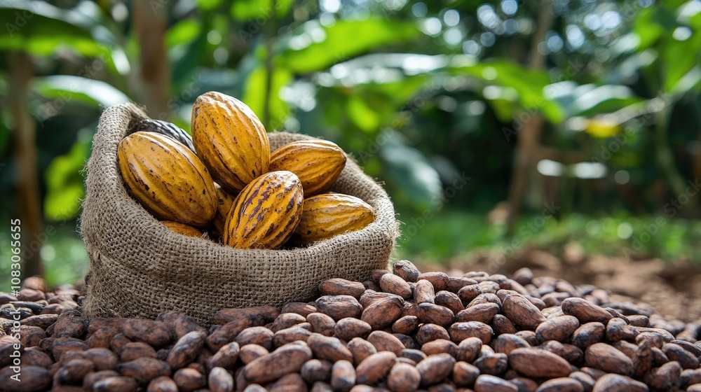 Poster raw cacao beans and cacao fruit with cocoa pods in the background