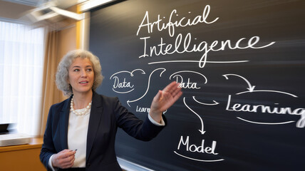 A confident middle-aged Caucasian woman presenting on Artificial Intelligence concepts in a modern classroom setting.